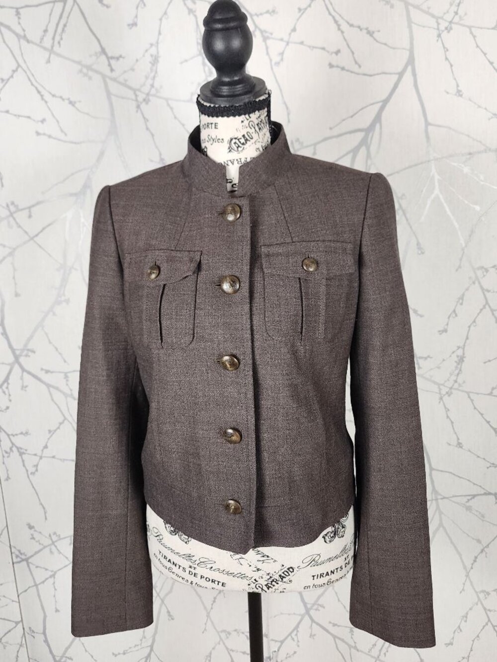 Anne Klein Brown Taupe 42% Wool Mandarin Collar Boxy Jacket